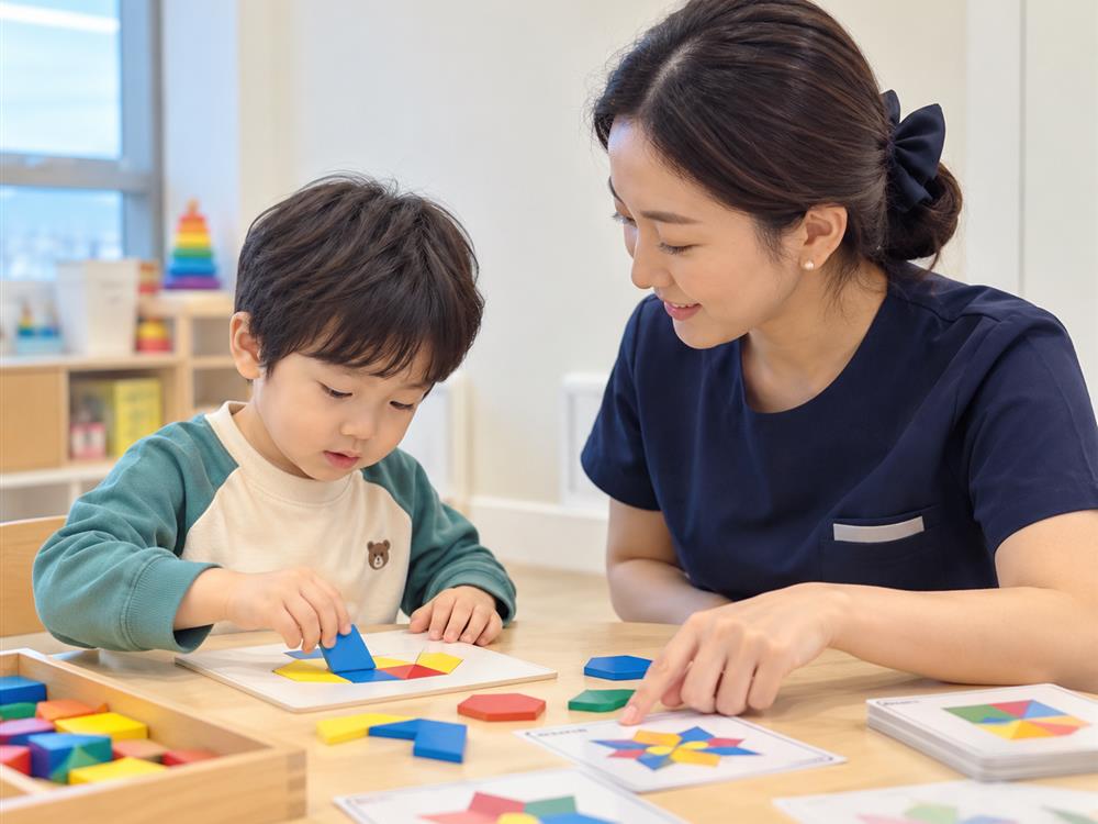 열매아동발달연구소 위례점에서 선생님과 아이가 도형 카드를 보고 색깔 블록을 맞추는 시지각·인지재활 모습