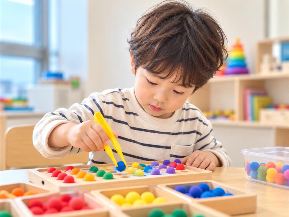 열매아동발달연구소 위례점에서 아이가 집게로 색깔 폼폼을 하나씩 집어 같은 색 자리에 옮기는 소근육·일상생활재활 모습